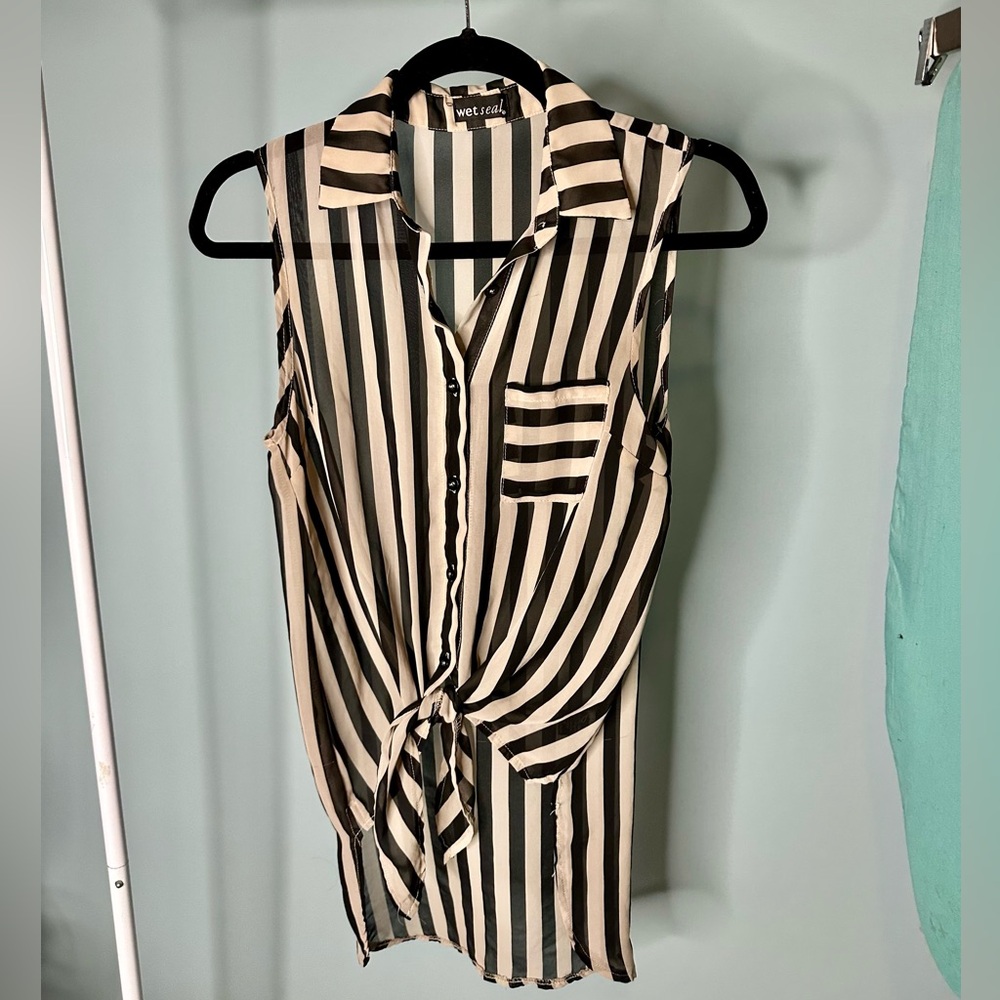 Wet Seal Sheer Black & White Vertical Stripe Tie Front High Low Vest Top